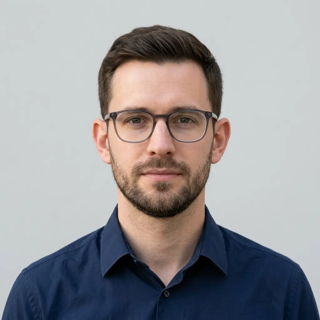 Example UK passport photo, plain light background